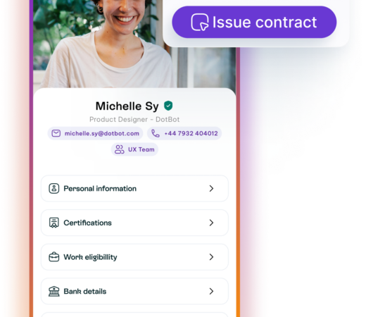 A graphic showing a smartphone screen with a candidate profile, including personal details and certifications