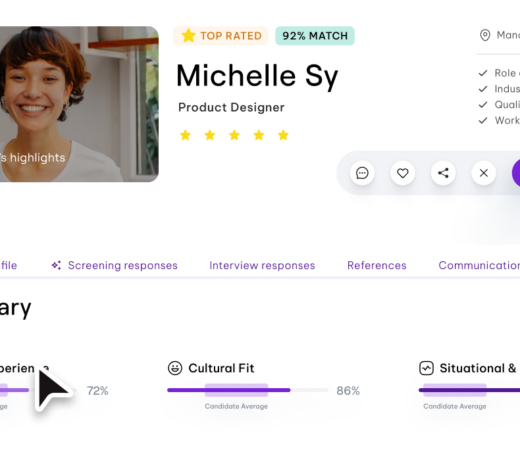 A graphic showing a candidate profile summary for Michelle Sy, a Product Designer. The profile highlights her top-rated status and a 95% match score. Below, a detailed breakdown evaluates her skills, cultural fit, and situational behavior, emphasizing a data-driven and unbiased hiring process