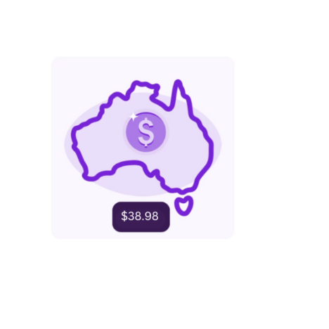 This image displays an illustration of Australia outlined in purple, with a dollar symbol inside a coin at the centre, representing wages or financial data. Below the map, a label shows "$38.98." The design is minimalistic and modern, with a white background and a soft purple accent.