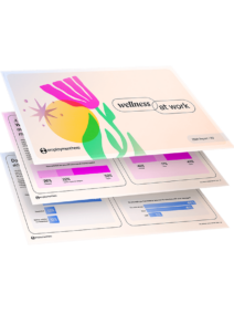 A stack of overlapping documents with the top page titled 'Wellness at Work,' featuring a colorful illustration of a flower