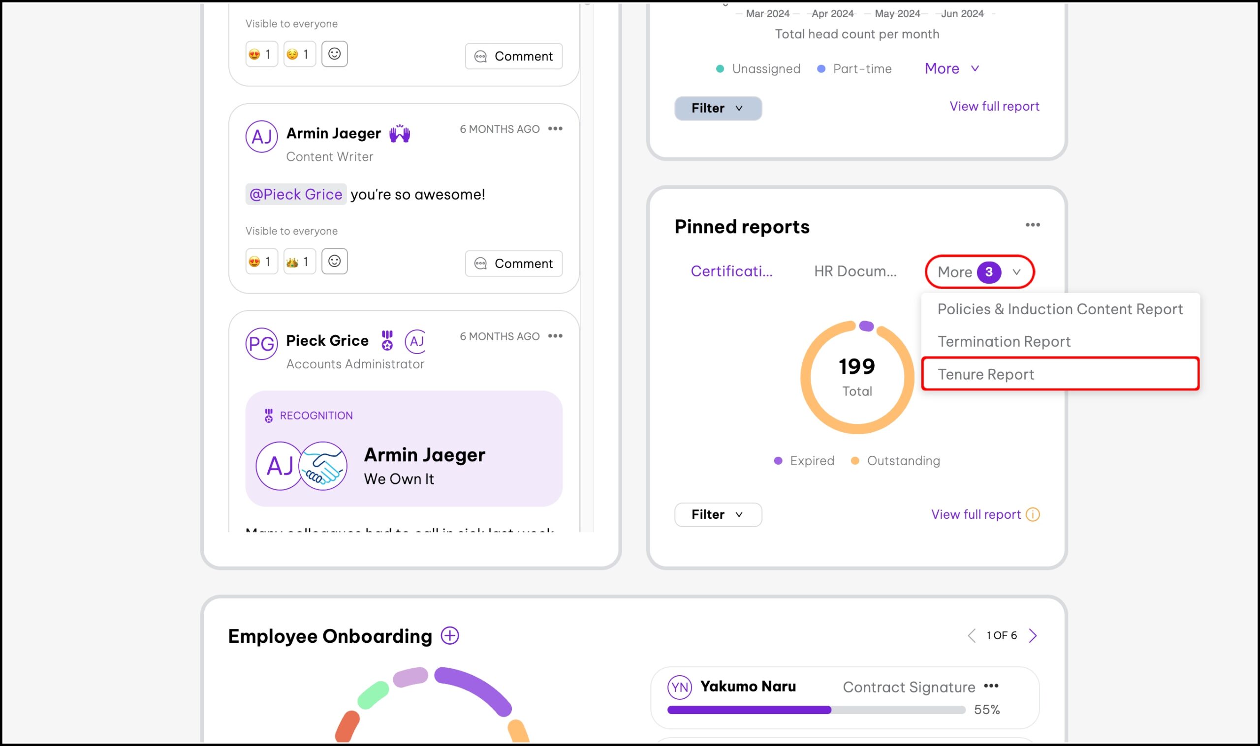 screenshot of the pinned reports widget, highlighting the more button and a report