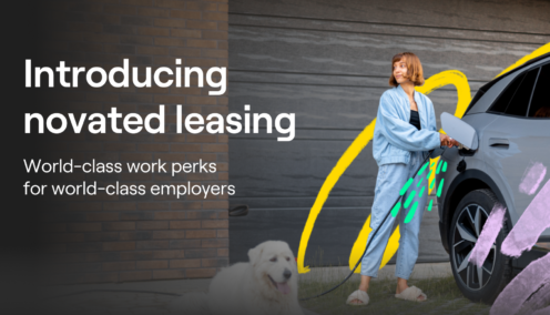 Promotional graphic with the text 'Introducing novated leasing: World-class work perks for world-class employers.' Image shows a woman charging an electric car with a dog sitting nearby, set against a modern backdrop with artistic brushstroke elements.