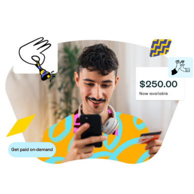 A graphic featuring a person smiling while using a smartphone and holding a card. Text overlays indicate $250 available and a "Get paid on-demand" message, promoting quick access to earned wages