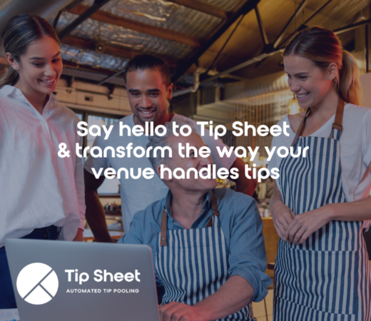 Group of smiling hospitality workers in aprons gathered around a laptop in a restaurant setting, with the text: 'Say hello to Tip Sheet & transform the way your venue handles tips.' The Tip Sheet logo and tagline 'Automated tip pooling' are displayed.