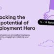 Promotional graphic with the text 'Unlocking the full potential of Employment Hero,' featuring dates '5 - 14 November.' Subtext mentions a four-part series on strengthening teams through hiring, engaging, and retaining key people. Light purple background with cloud and hand illustrations