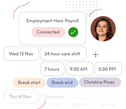 Employment Hero Payroll interface showing a connected status with a checkmark. Includes a schedule for an employee named Christine Pines, detailing shifts, break times, and hours worked over two days, with a profile photo displayed.