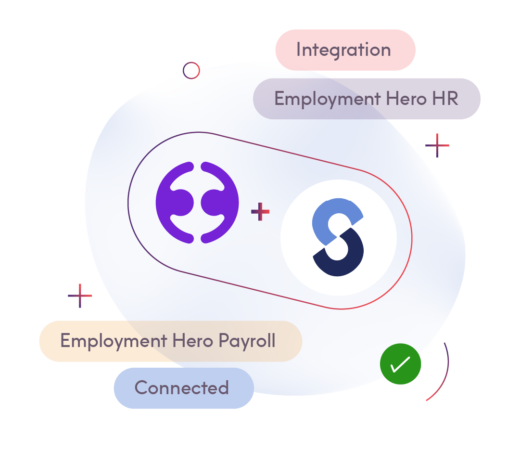 Illustration representing the integration of Employment Hero HR and Payroll systems, featuring interconnected icons and labels such as 'Integration,' 'Connected,' and 'Employment Hero Payroll,' with a checkmark indicating successful connection.