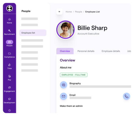HR management system interface displaying an employee profile for Billie Sharp, an Account Executive. The profile includes tabs for overview, personal details, and employee details, with fields for biography and email. The navigation menu on the left highlights 'People' and 'Employee List.'