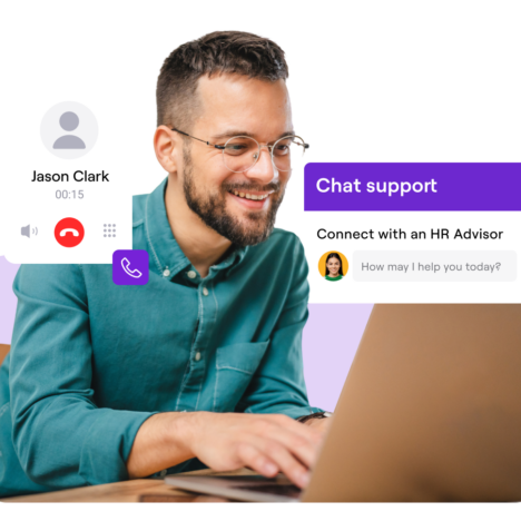Smiling man using a laptop with overlayed UI elements showing an ongoing call with 'Jason Clark' and a chat support window titled 'Connect with an HR Advisor' displaying a message asking, 'How may I help you today?'