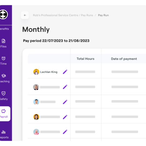 Payroll management dashboard showing a monthly pay run for the period 22/07/2023 to 21/08/2023. Includes a table listing employees, their total hours, and dates of payment. The navigation menu on the left highlights 'Payroll.'
