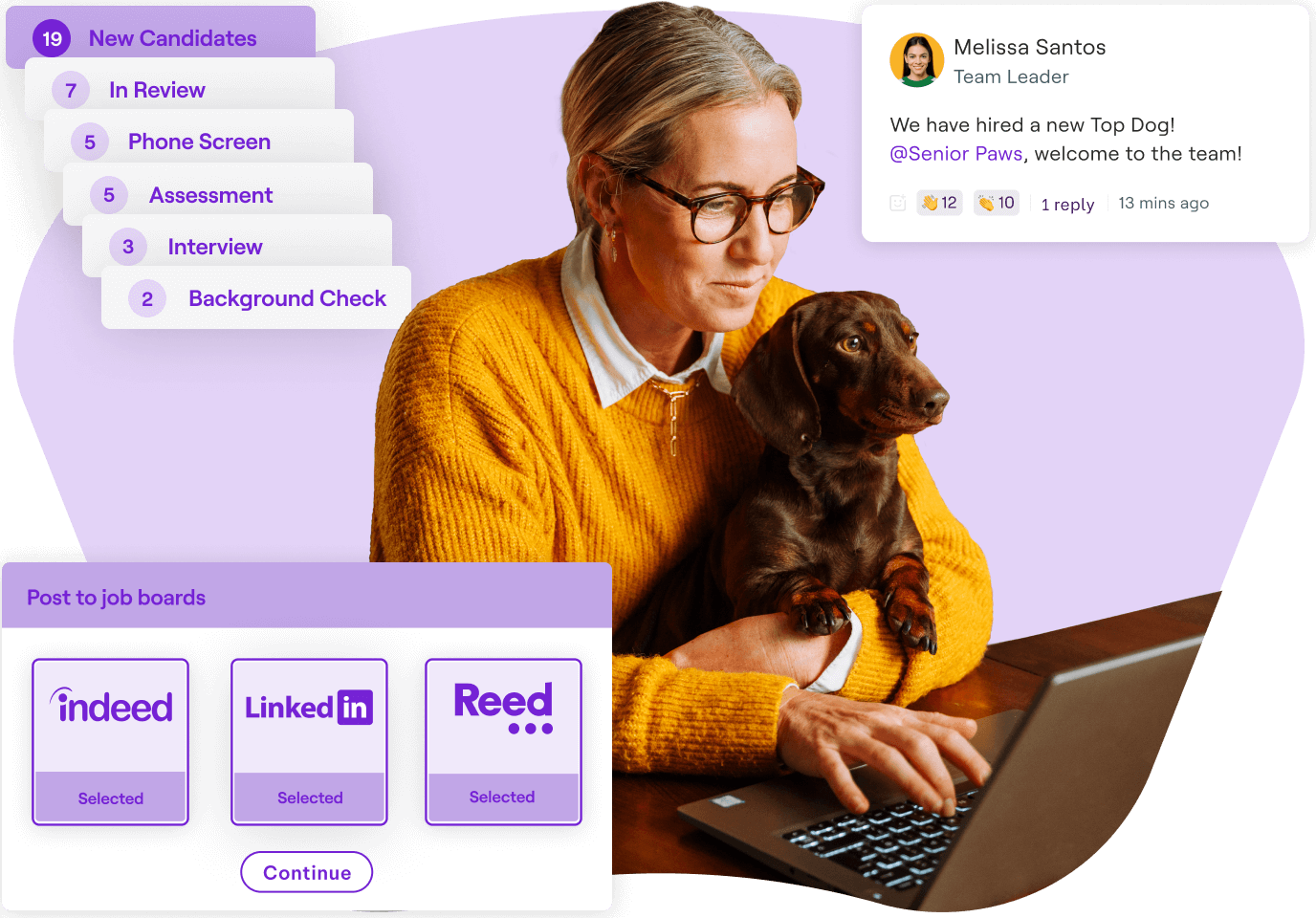 A woman in a yellow sweater sits at a laptop with a dog on her lap, managing candidate recruitment